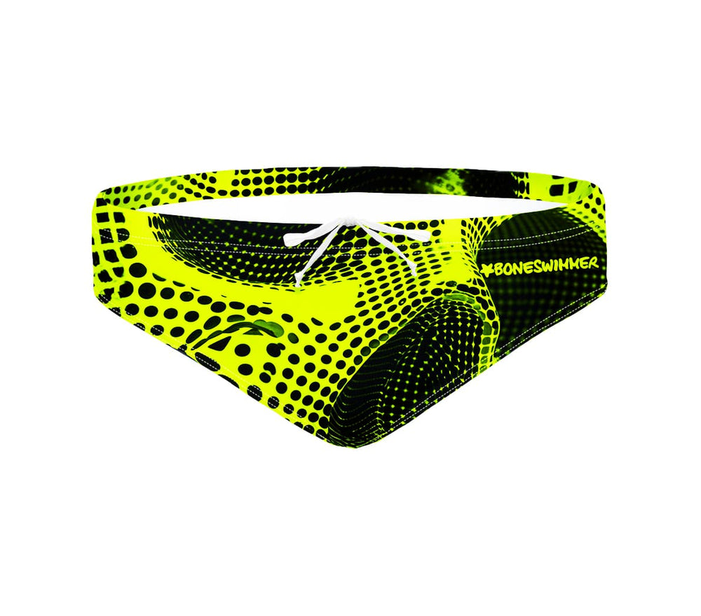 Costume da allenamento nuoto in piscina Boneswimmer da donna, modello intero H2OTTO 361HF - STRASS con stampa di un teschio color giallo fluo con riflessi fluo con puntini neri tipo retino, fronte