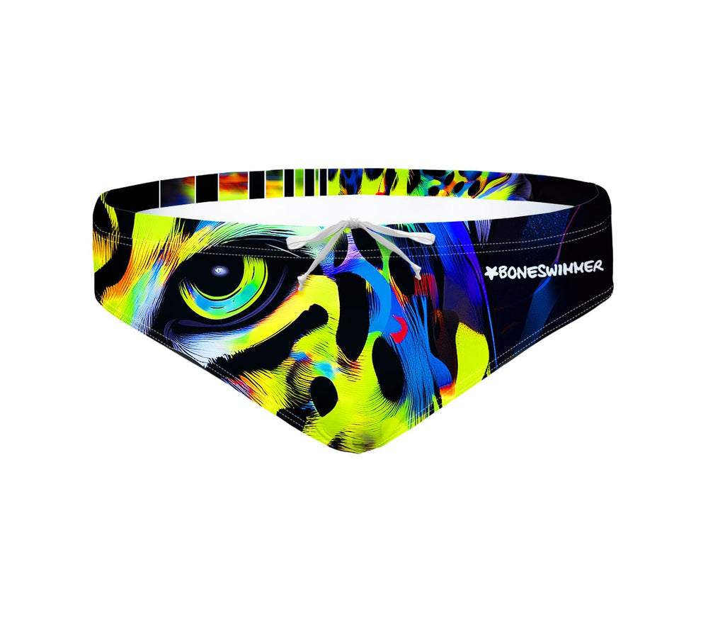 Costume da allenamento nuoto in piscina Boneswimmer da uomo, modello slip H2OTTO 366HF - NEON con stampa di un giaguaro dal manto fluorescente, fronte