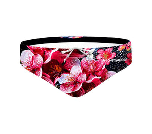 Costume da allenamento nuoto in piscina Boneswimmer da uomo, modello slip H2OTTO 369H - SAKURA 
con stampa di un serpente colorato tra le orchidee, fronte