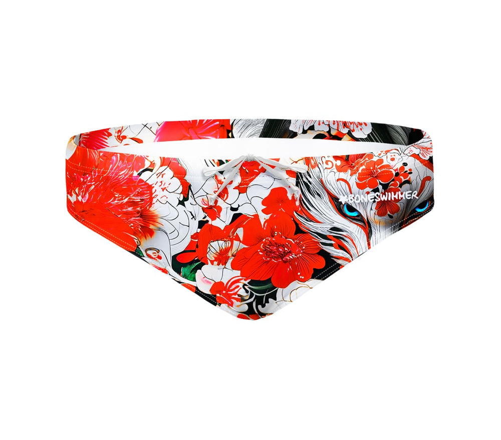 Costume da allenamento nuoto in piscina Boneswimmer da uomo, modello slip H2OTTO 372H - KITSUNE con stampa di una volpe misteriosa tra i fiori, fronte