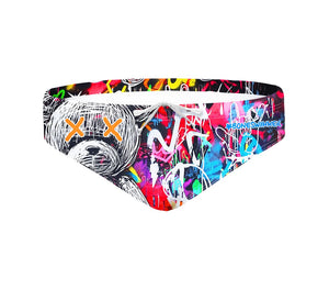 Costume da allenamento nuoto in piscina Boneswimmer da uomo, modello slip H2OTTO 373HF - PSYCHO con stampa di un orsetto disegnato a penna su sfondo nero e con colori fluo in stile pop e punk, fronte