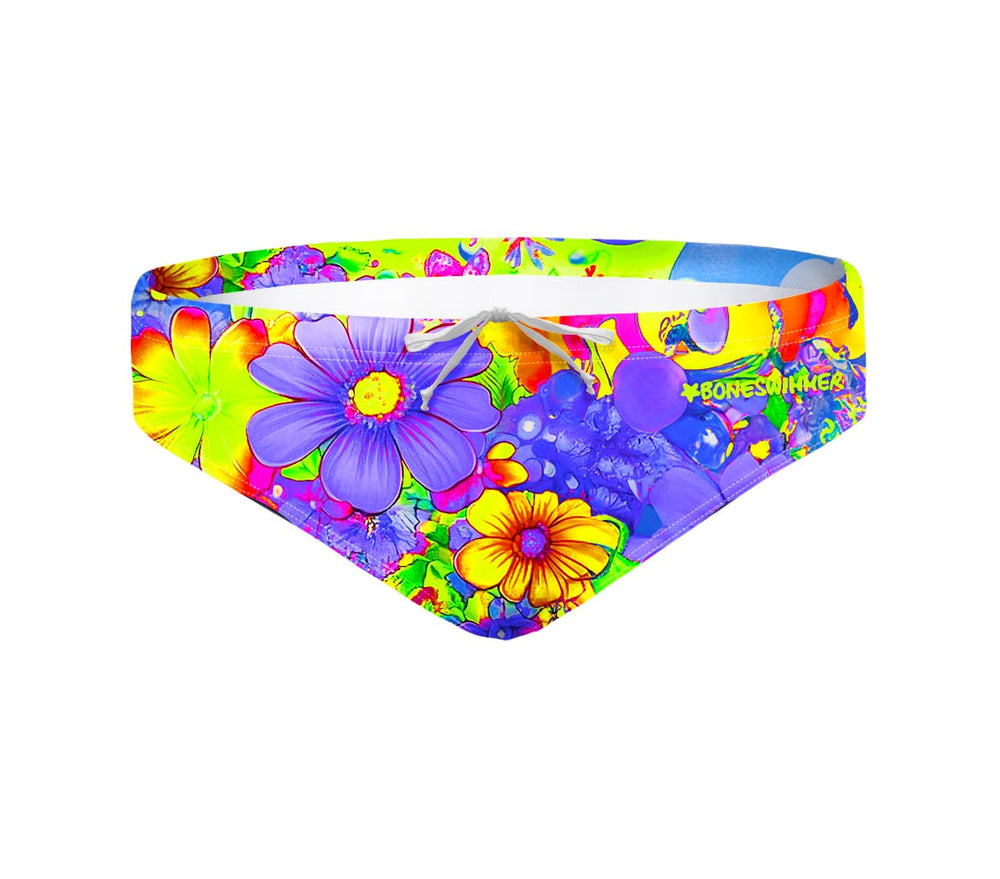 Costume da allenamento nuoto in piscina Boneswimmer da uomo, modello slip H2OTTO 375HF - SKULL-WAVE con stampa di un teschio decorato in stile messicano e colori fluo, fronte