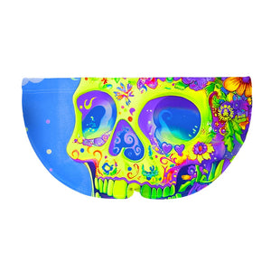 Costume da allenamento nuoto in piscina Boneswimmer da uomo, modello slip H2OTTO 375HF - SKULL-WAVE con stampa di un teschio decorato in stile messicano e colori fluo, retro