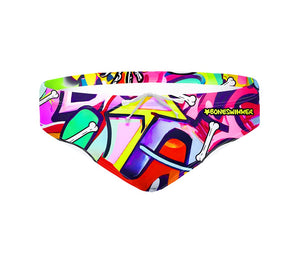 Costume da allenamento nuoto in piscina Boneswimmer da uomo, modello slip H2OTTO 376HF - BONES con stampa di uno scheletro felice che balla ad un party molto fluo, fronte