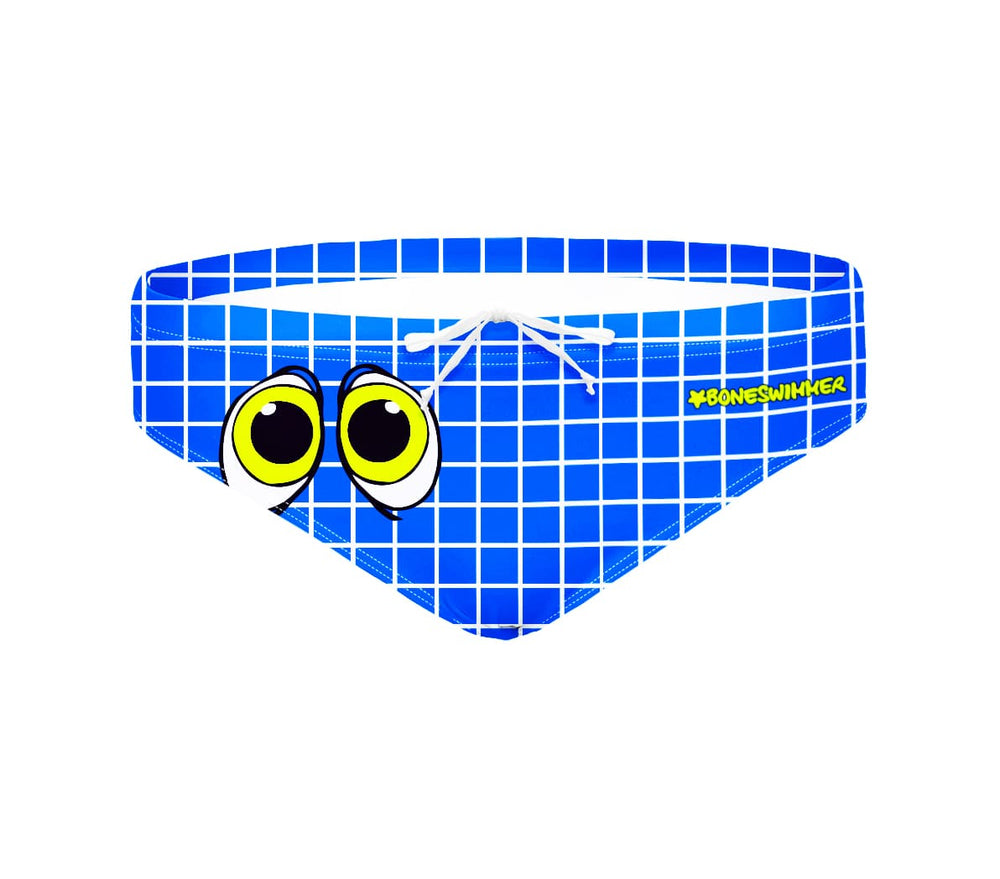 Costume da allenamento nuoto in piscina Boneswimmer da uomo, modello slip H2OTTO 381H - ZITTO E NUOTA con stampa piastrelle blu da piscina, fronte